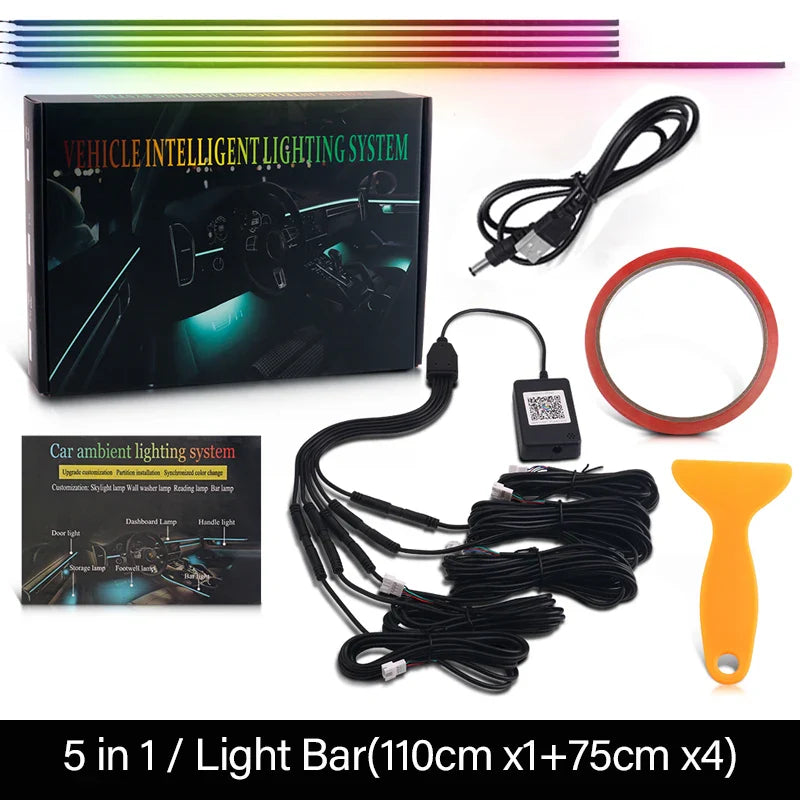 18 / 22 In 1 Streamer Car Ambient Lights RGB 213 64 Color LED Interior Rainbow Acrylic Strip Symphony Remote Atmosphere Lamp Kit