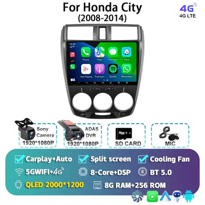 Android 14 Carplay Auto GPS For Honda City 2008 2009 2010 - 2014 Car Radio DSP Multimedia WIFI+4G Head Unit Video Stereo Player