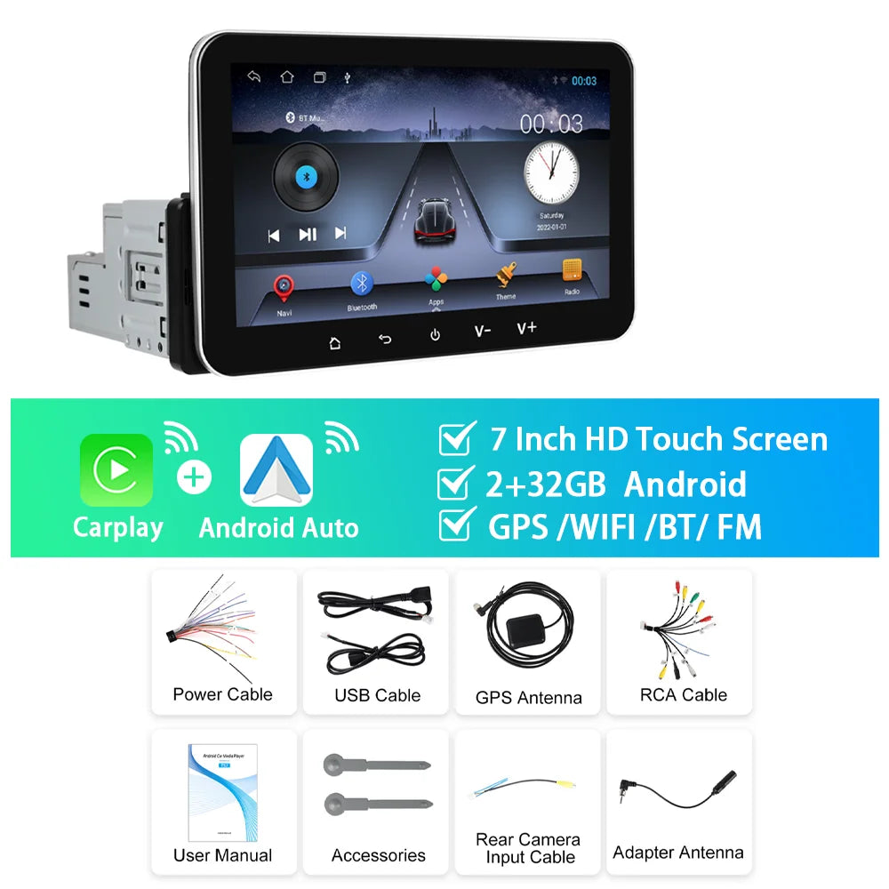 Podofo 2+32G Android Car Radio 7'' 1Din Multimedia Player Carplay Android Auto GPS Navigation WIFI EQ 4Core Bluetooth Car Stereo