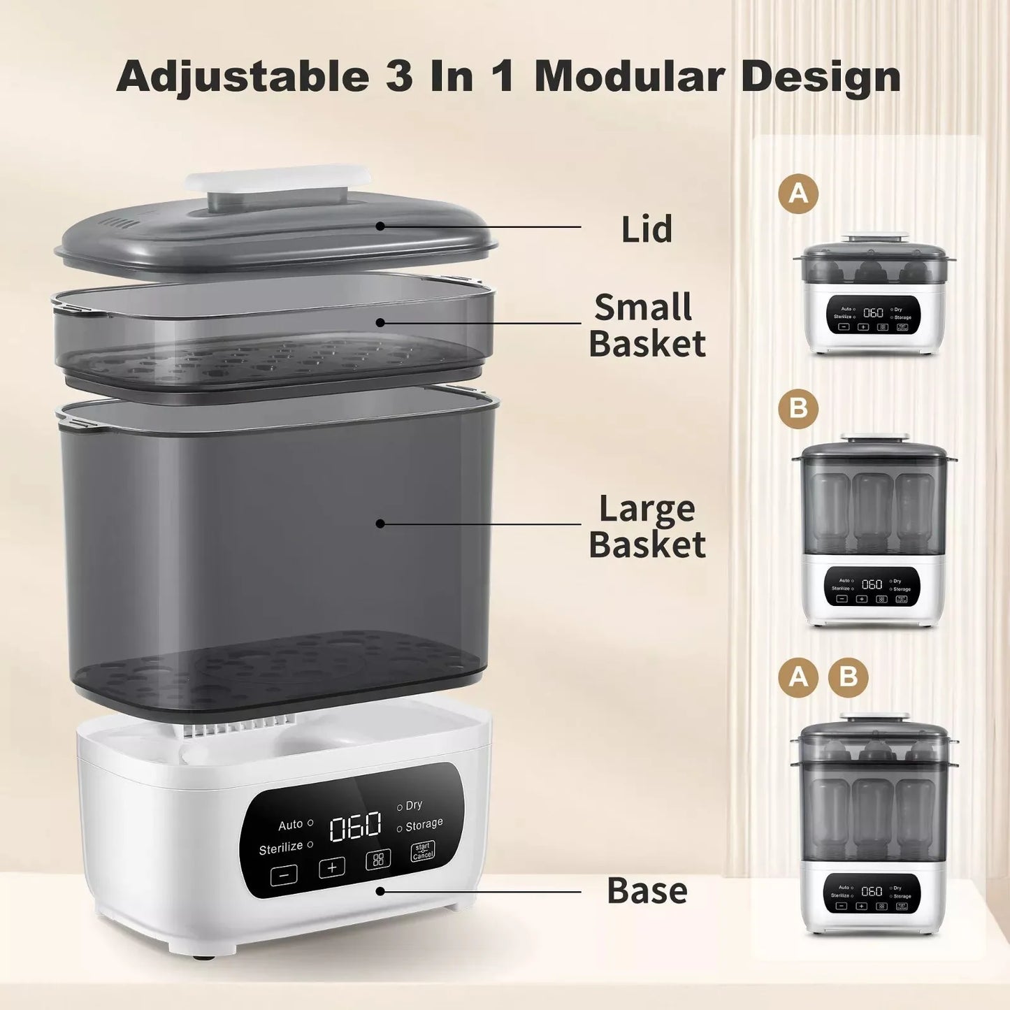 Tieasy 4-in-1 Electric  LED Touch Screen Multi-Function Gray Baby Bottle Sterilizer Dryer BBS001