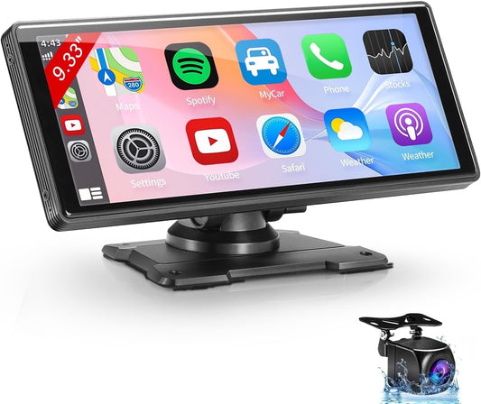Wireless Apple CarPlay Dash Mount Portable Car Stereo, Android Auto, 9.33-Inch FHD Touchscreen Car Audio Receiver, Drivemate, Car Buddy with Voice Control, AUX/AV IN/USB, AHD Rear View Camera