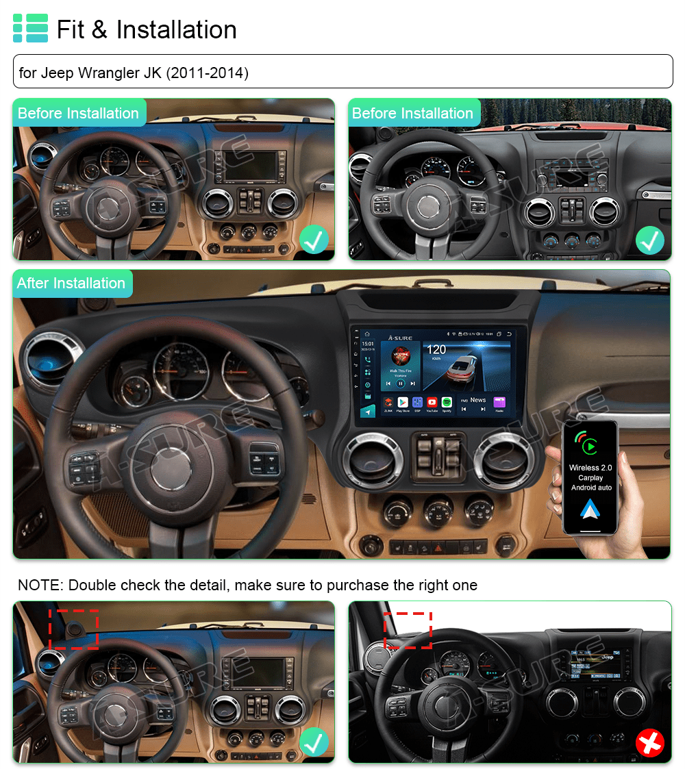 Android 13 Car Radio Stereo 4+64GB 8-Core for Jeep Wrangler JK 2011-2014 Carplay ChatGPT GPS Navi 4G WIFI