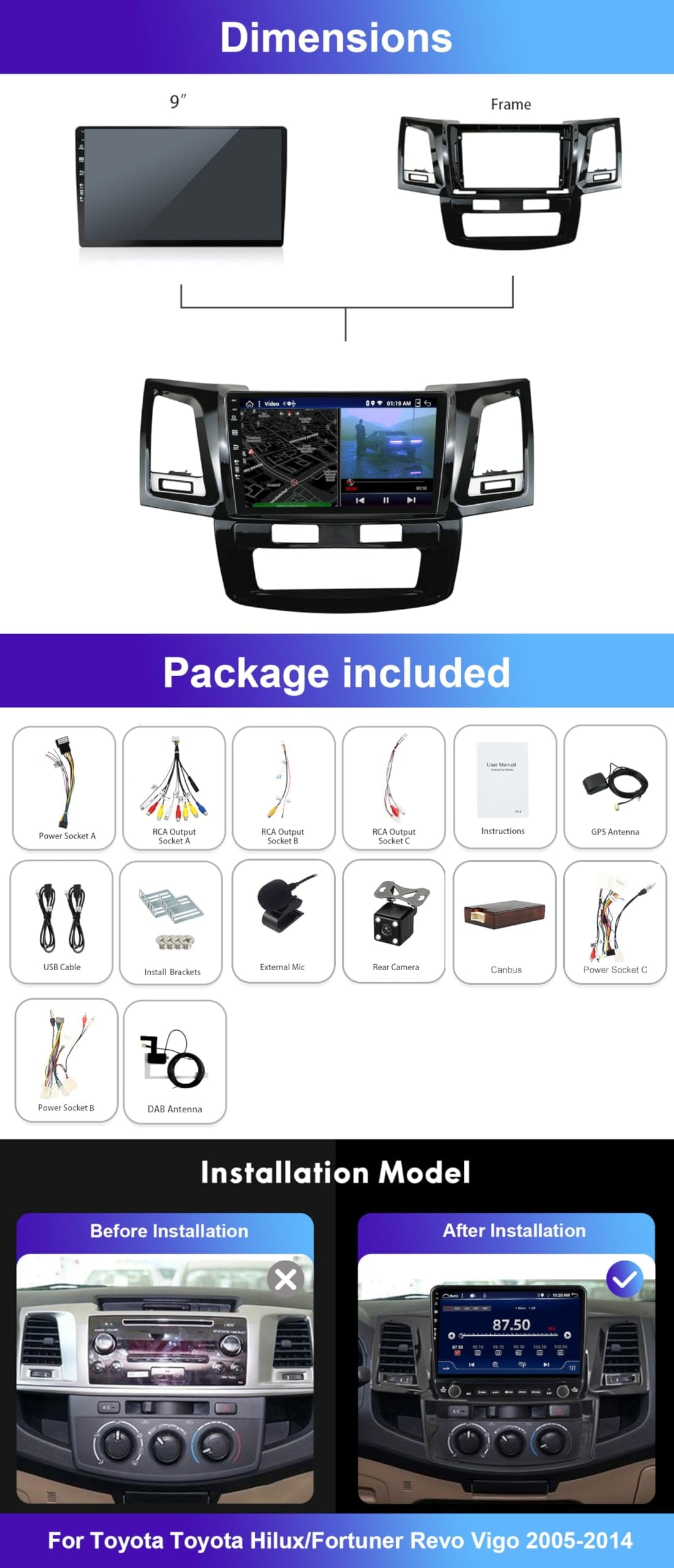 Toyota Android Head Unit   Sovob Double Din 9inch QLED Screen [DAB+/4G/WIFI/Carplay ] Android Car Radio Stereo Head Unit Suitable For Toyota Hilux/Fortuner Revo Vigo 2005-2014 - [6G+128G] - Free Camera+Mic BT GPS RDS