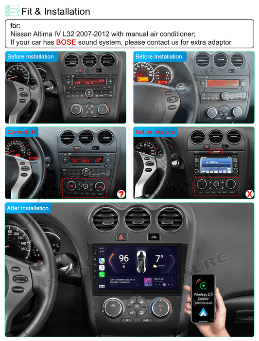 Wireless CarPlay 2+32GB Android 13 Car Stereo Radio for Nissan Altima IV 2007-2012 Bluetooth WiFi GPS Navi DSP USB SWC
