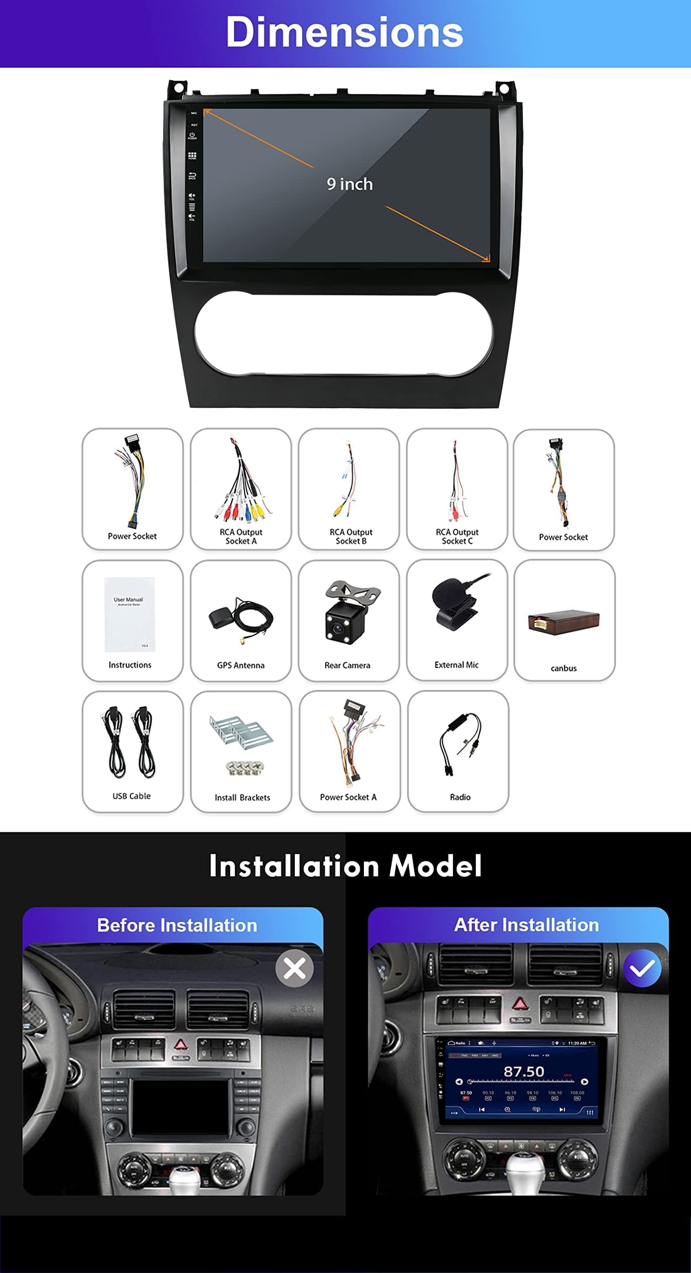 Mercedes-Benz Android Head Unit    Sovob Android 13 Car Stereo GPS For Mercedes Benz W203 W209 C180 C200(2005-2009)-[4GB+64GB] - 9" IPS Head Unit-Support DAB|BT|WiFi|RDS|Aux-4G+64G