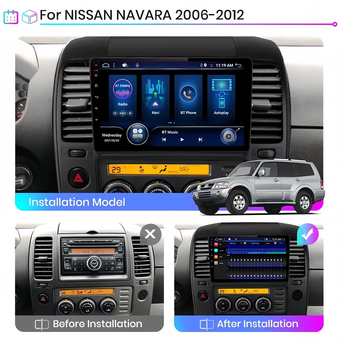 Guwzn Car Stereo Radio for Nissan Navara 2006-2012 9" Touchscreen 2+32G Vehicle GPS Navigation Wireless CarPlay Android Auto
