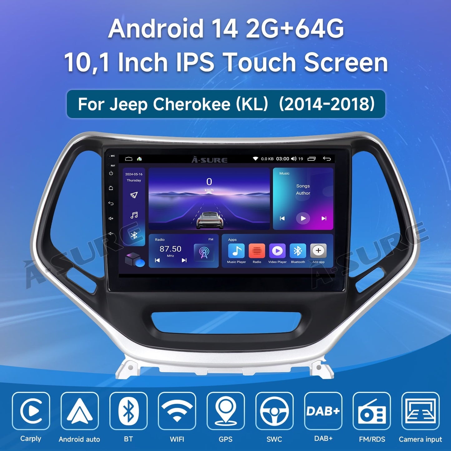 10.1" Android 14 2+64GB Car Stereo Radio for Jeep Cherokee 2014-2018 Wireless CarPlay GPS WiFi Bluetooth DSP RDS SWC USB