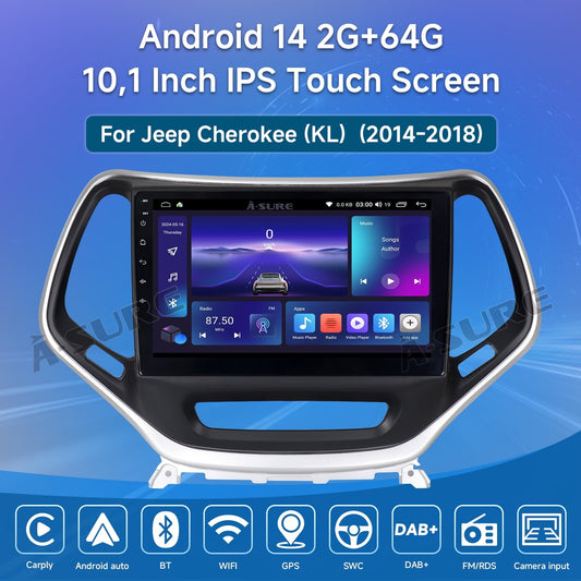 10.1" Android 14 2+64GB Car Stereo Radio for Jeep Cherokee 2014-2018 Wireless CarPlay GPS WiFi Bluetooth DSP RDS SWC USB