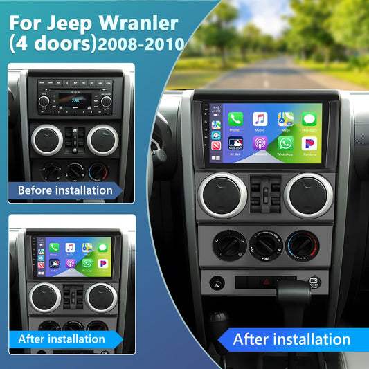 Podofo 4+64G Car Radio for Jeep Wrangler 2007 2009 2010 (4 Door) with Wireless Apple Carplay Android Auto,9" Touch Screen Car Stereo with Bluetooth/GPS/WiFi/SWC/FM&RDS Radio+AHD Backup Camera+MIC C42