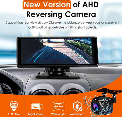 Wireless Apple CarPlay Dash Mount Portable Car Stereo, Android Auto, 9.33-Inch FHD Touchscreen Car Audio Receiver, Drivemate, Car Buddy with Voice Control, AUX/AV IN/USB, AHD Rear View Camera