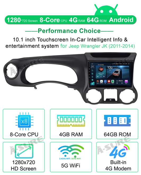Android 13 Car Radio Stereo 4+64GB 8-Core for Jeep Wrangler JK 2011-2014 Carplay ChatGPT GPS Navi 4G WIFI
