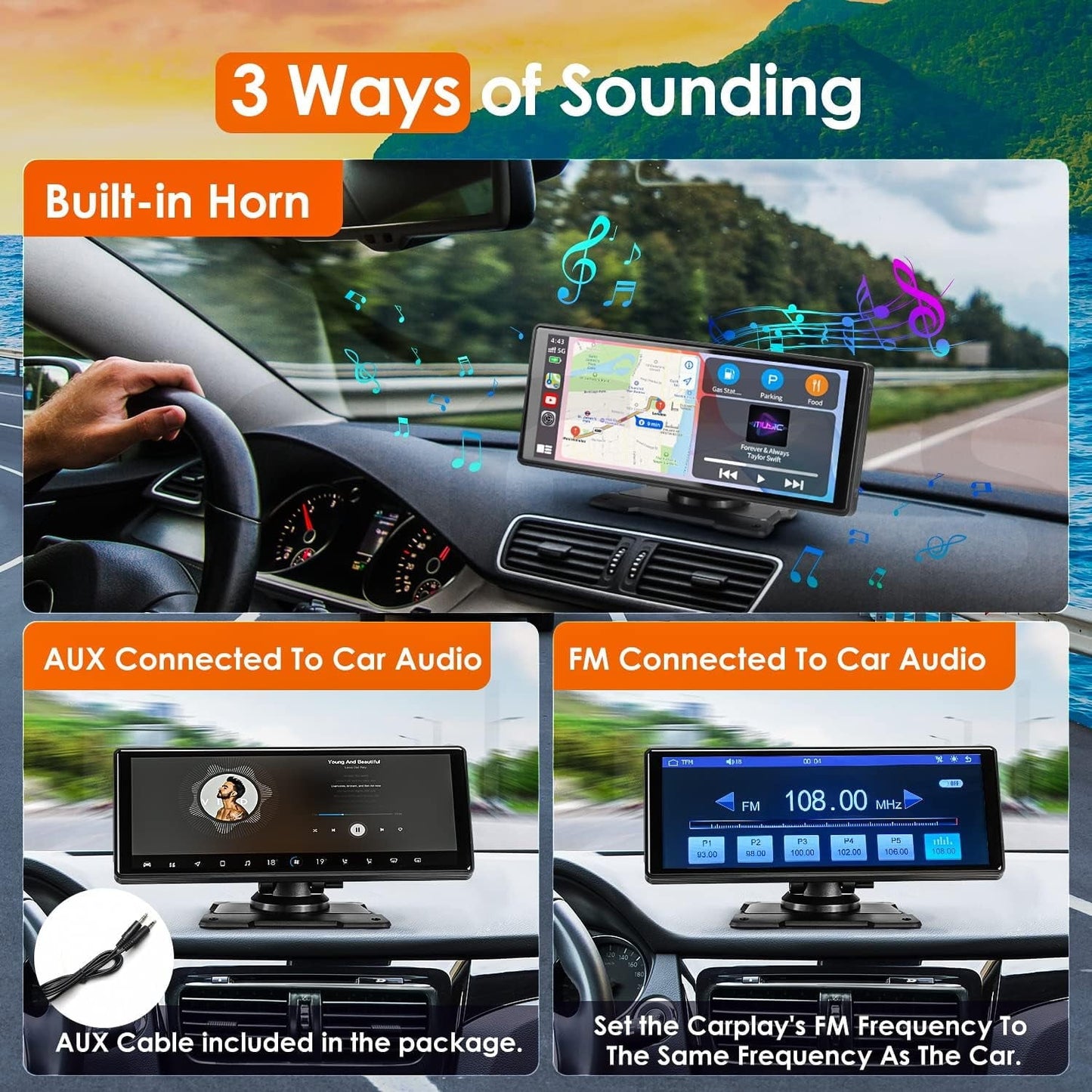 Wireless Apple CarPlay Dash Mount Portable Car Stereo, Android Auto, 9.33-Inch FHD Touchscreen Car Audio Receiver, Drivemate, Car Buddy with Voice Control, AUX/AV IN/USB, AHD Rear View Camera