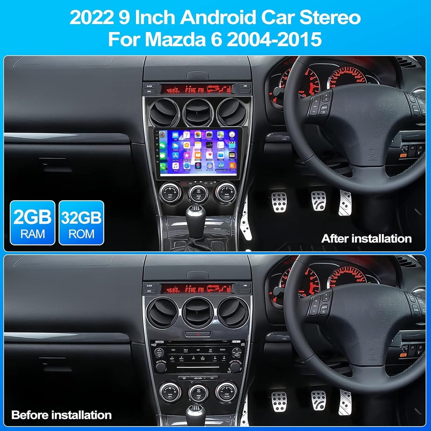 Android Car Stereo for Mazda 6 2004-2015 with Wireless Carplay&Android Auto 9 Inch Touch Screen Car Radio with Bluetooth FM/RDS Radio
